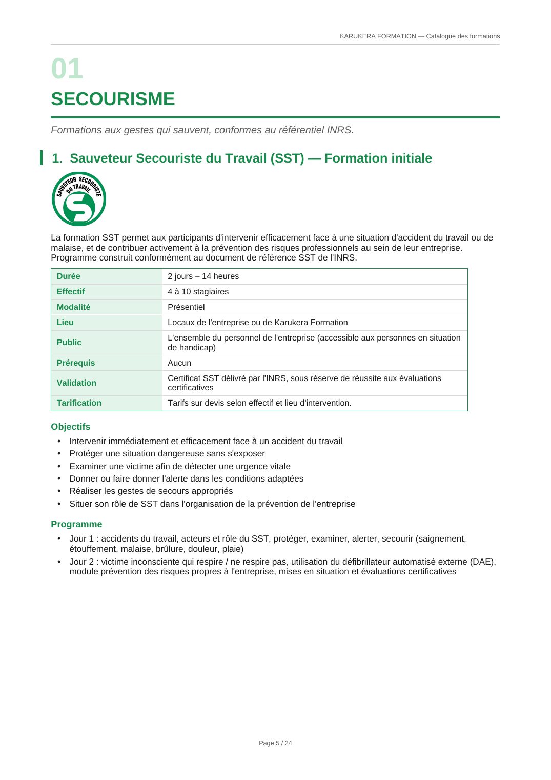 Fiche programme — Sauveteur Secouriste du Travail (SST) — Formation initiale