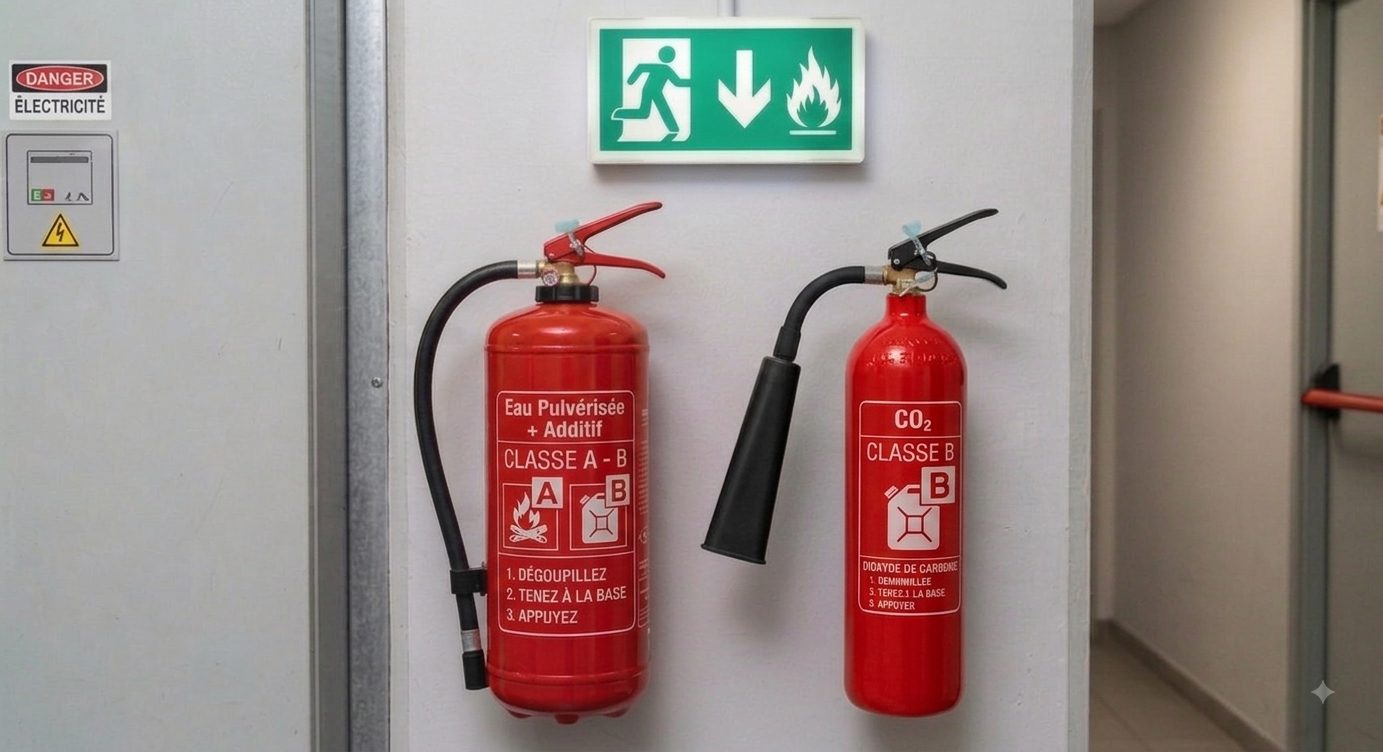 Extincteurs et signalétique d'évacuation vérifiés lors d'un audit de sécurité